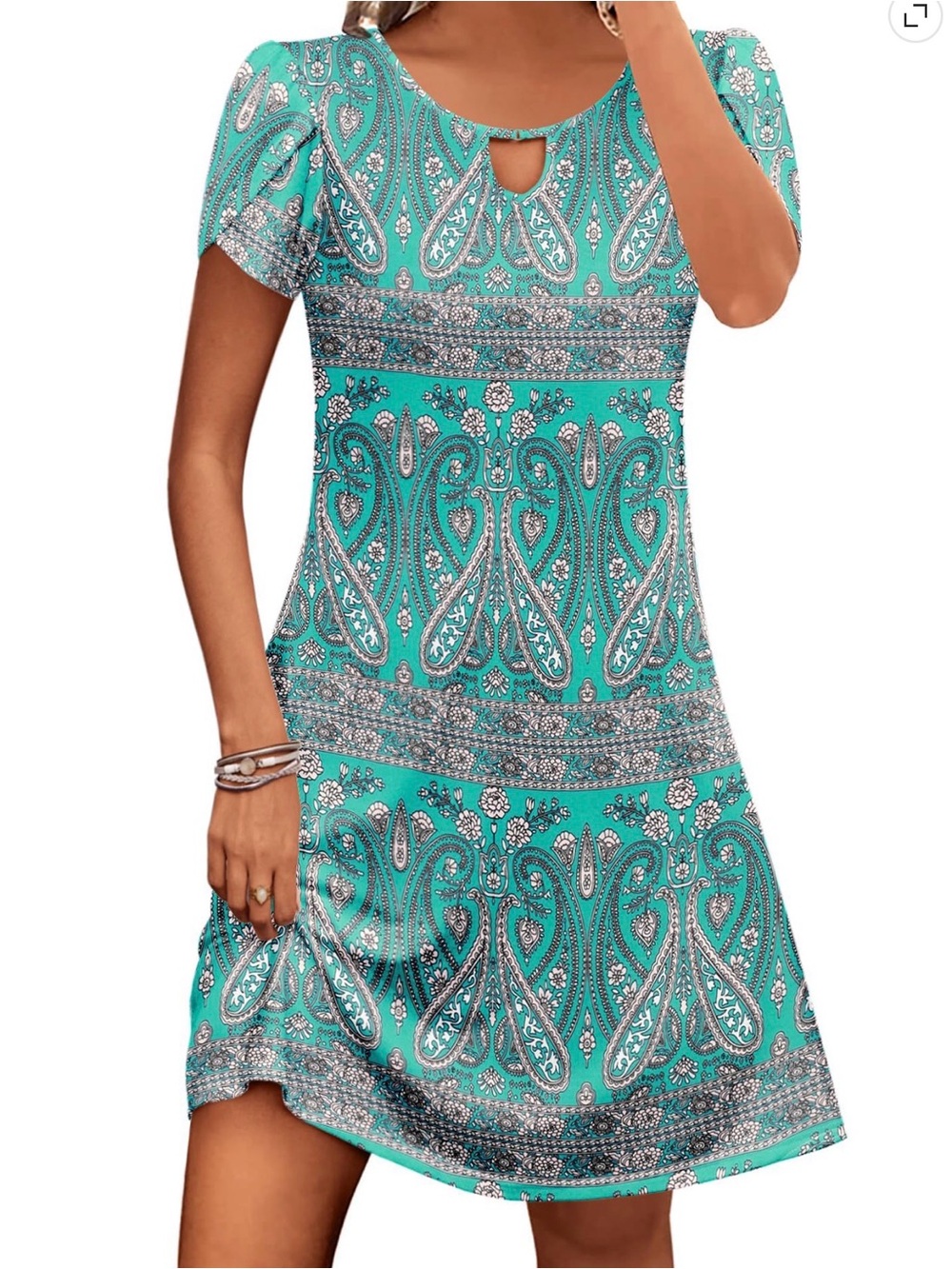 Amazon Teal Paisley Asymmetrical Short Sleeve Dress